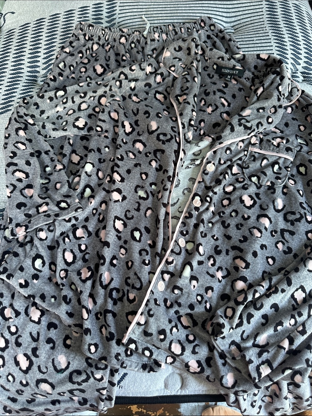 Ellen Tracy Gray Leopard Print Pajama Set with Pale Pink Accents